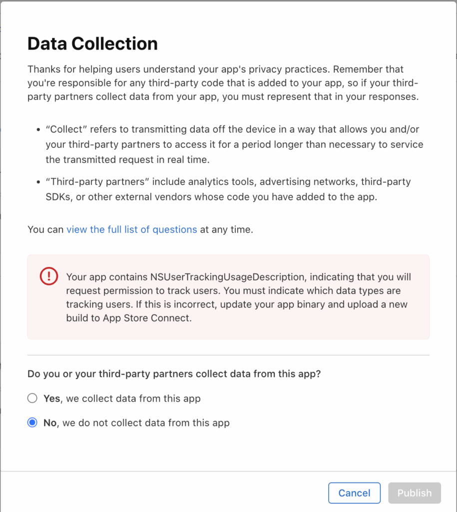 App Store Connect Privacy Setting page cannot change to no collection.