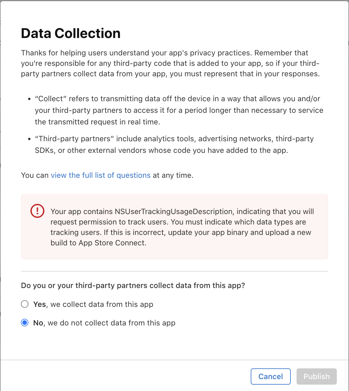 App Store Connect Privacy Setting page cannot change to no collection.